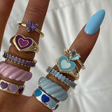 Cifeeo Korean Style Blue Purple Rings for Women Punk Trendy Vintage Heart Ring Small Daisy Flower Rings Party Couple Rings