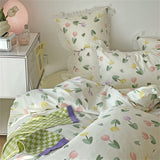 Cifeeo Pleated Floral Bedding Set Cute Ruffles Duvet Cover Bed Sheet Set Fashion Soft Bed Linen Pillowcase Queen King Size Bedspreads