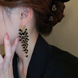 Back to school New Korean Black Crystal Tassel Geometric Ear Buckle Fashion Temperament Long Simple Earrings Women's Jewelry
