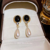 Graduation Gift New Arrival Earrings Fashion Metal Vintage Water Drop Women Dangle Earring Pearl Black Elegant Female Jewelry