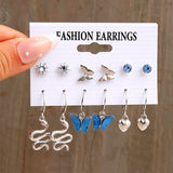Cifeeo 6pcs/set Snake Butterfly Earrings Set For Women Girls Vintage Metal Silver Plated Rhinestones Heart Drop Earrings Jewelry Gift