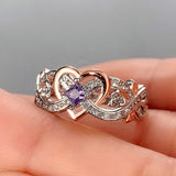 Cifeeo  Creative Women's Heart Rings Purple Square Stone Romantic Rose Flower Design Wedding Engagement Love Ring Aesthetic Jewelry