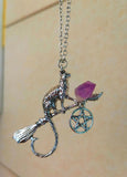 Cat on A Broomstick with Amythest, Witches' Pagan Wiccan Witchcraft, Stunning Gift Wiccan Jewelry Halloween Gift