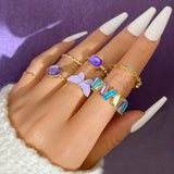 Cifeeo Boho Pink Butterfly Heart Wave Ring Set For Women Vintage Metal Gold Color Rhinestone Finger Rings 8pcs/set Party Jewelry Gifts