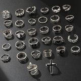 Cifeeo Vintage Silver Open Punk Rings for Men Women, 24PCS Adjustable Rings, Alt Rings, Chunky Silver Rings, Bulky Rings, Hippie Rings ,Cool Gothic Ring,Statement Stacking Ring, Skull Snake Star Flower Heart Eboy Emo Y2K Ring